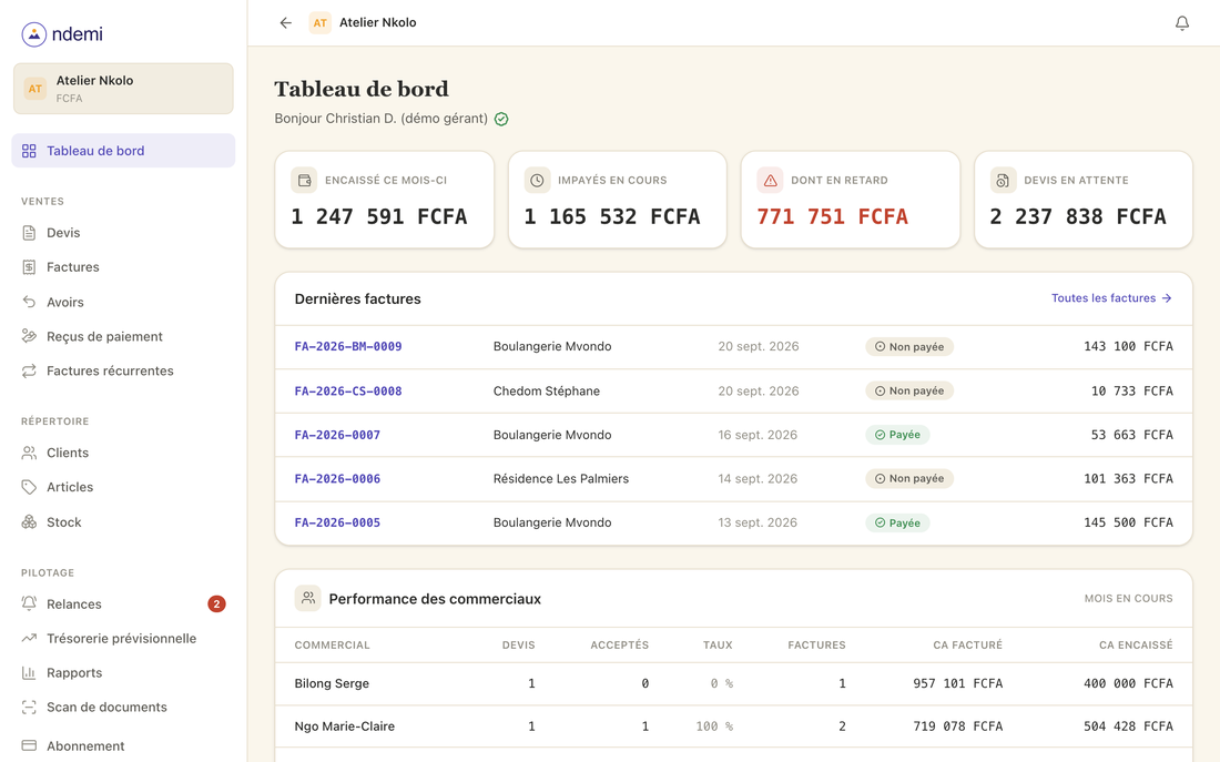 Tableau de bord Ndemi sur ordinateur